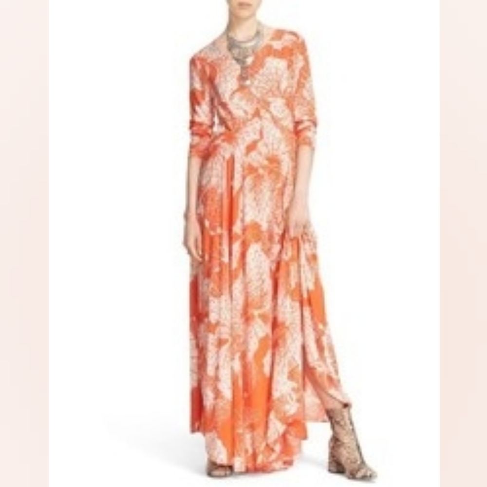 Free People First Kiss Orange Floral Maxi Dress In M NWOT